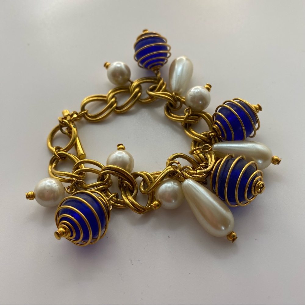 Elegant Gold tone and Cobalt Blue caged Charm Bracelet pearls 6” Chunky chain